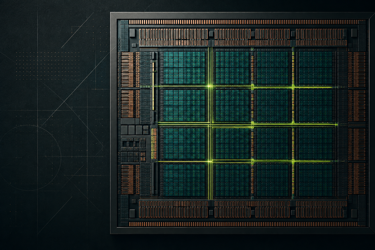 A dark technical drawing of a GPU die with one active green signal path.